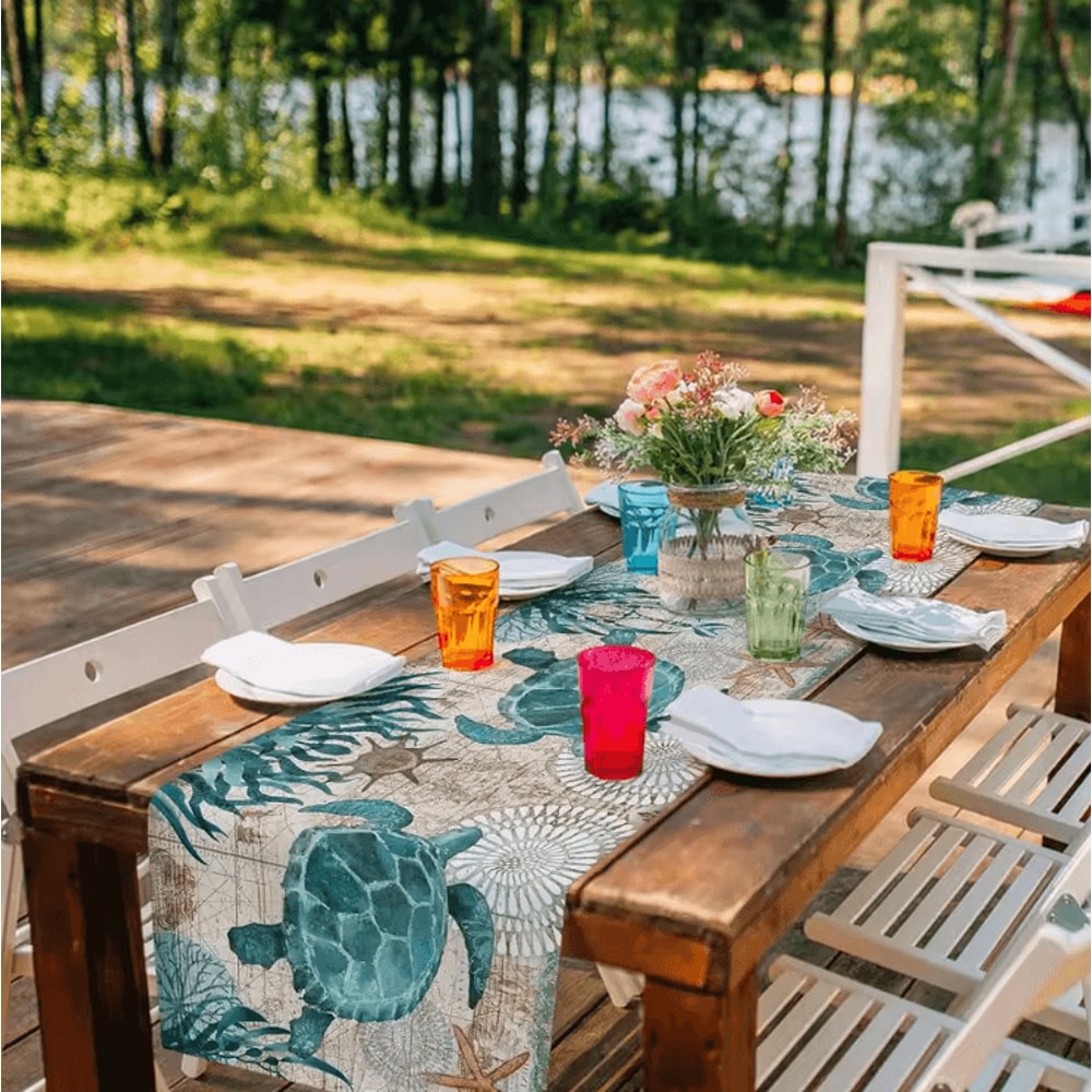 Nautical Sea Turtle Starfish Linen Table Runner Coastal Farmhouse Dining Decor 3