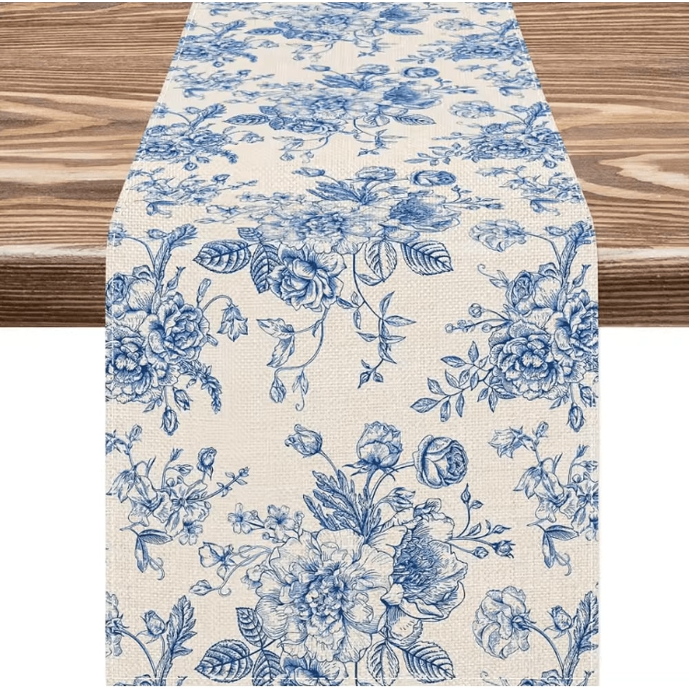 Chinoiserie Blue Floral Linen Table Runner Elegant Botanical Farmhouse Decor 1
