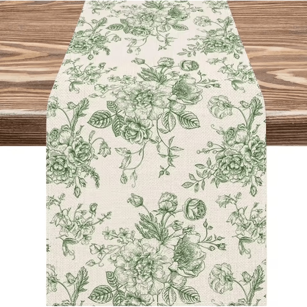 Chinoiserie Blue Floral Linen Table Runner Elegant Botanical Farmhouse Decor 2