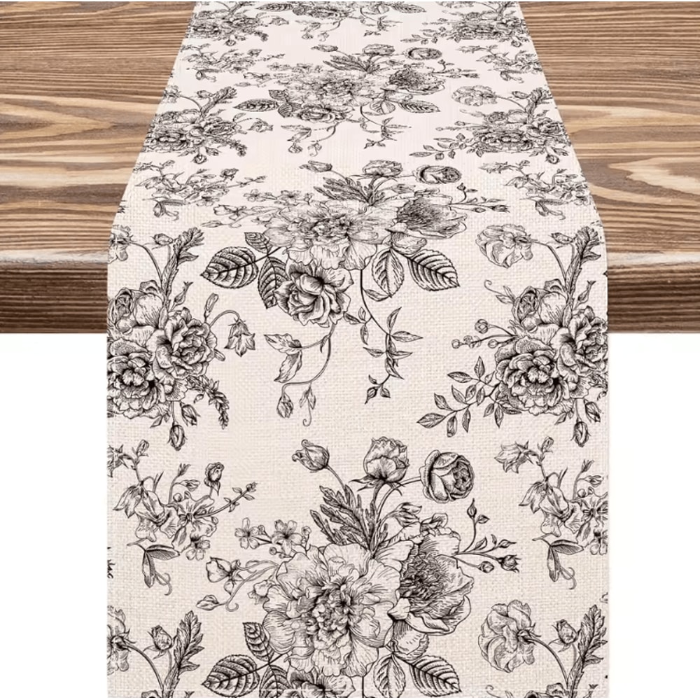 Chinoiserie Blue Floral Linen Table Runner Elegant Botanical Farmhouse Decor 4