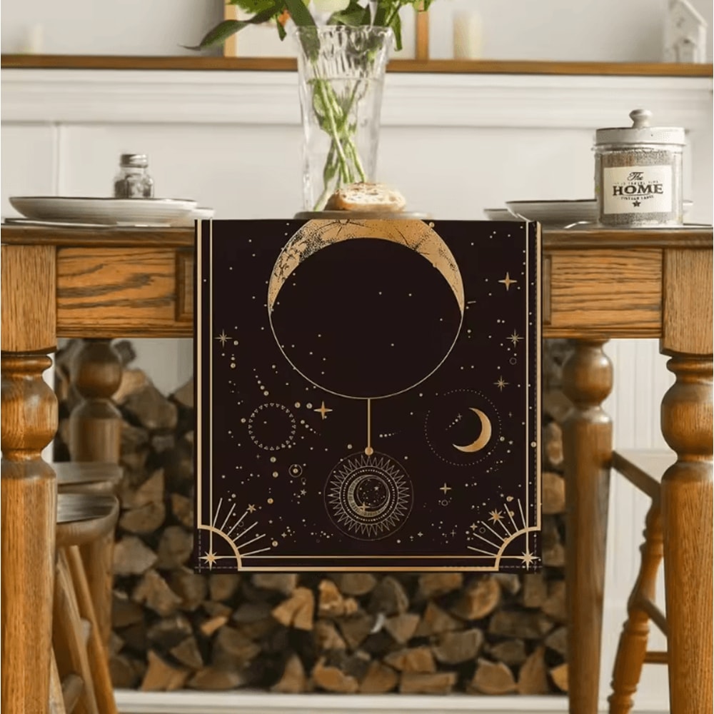 Astrology Moon Phase Linen Table Runner Mystical Celestial Gothic Dining Decor 1