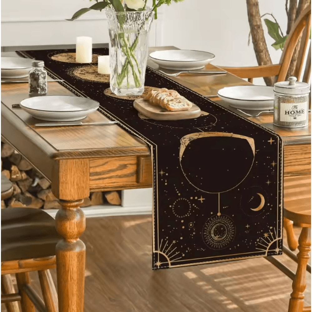 Astrology Moon Phase Linen Table Runner Mystical Celestial Gothic Dining Decor 3
