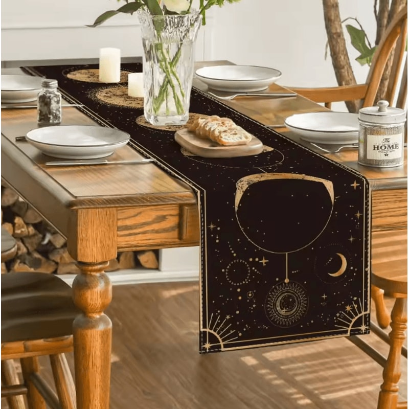 Astrology Moon Phase Linen Table Runner Mystical Celestial Gothic Dining Decor 3