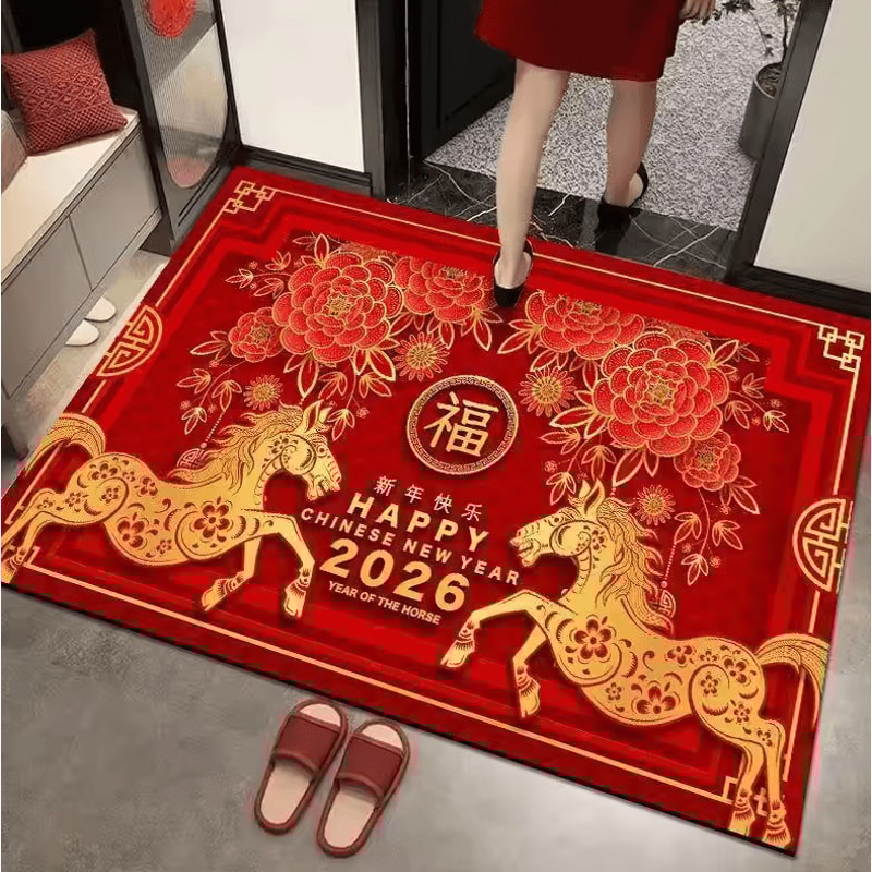 Chinese New Year Horse Carpet Mat Red Gold Festival Feng Shui Decor 5