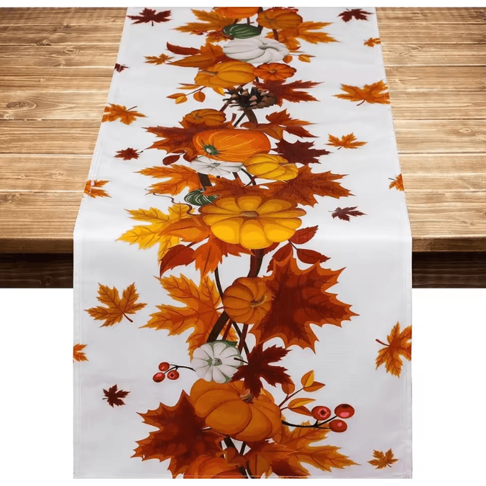Autumn Harvest Pumpkin Linen Table Runner Festive Thanksgiving Table Runner With Maple Leaves Far 0
