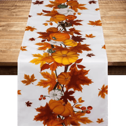 autumn harvest pumpkin linen table runner – festive thanksgiving table runner with maple leaves & farmhouse charm