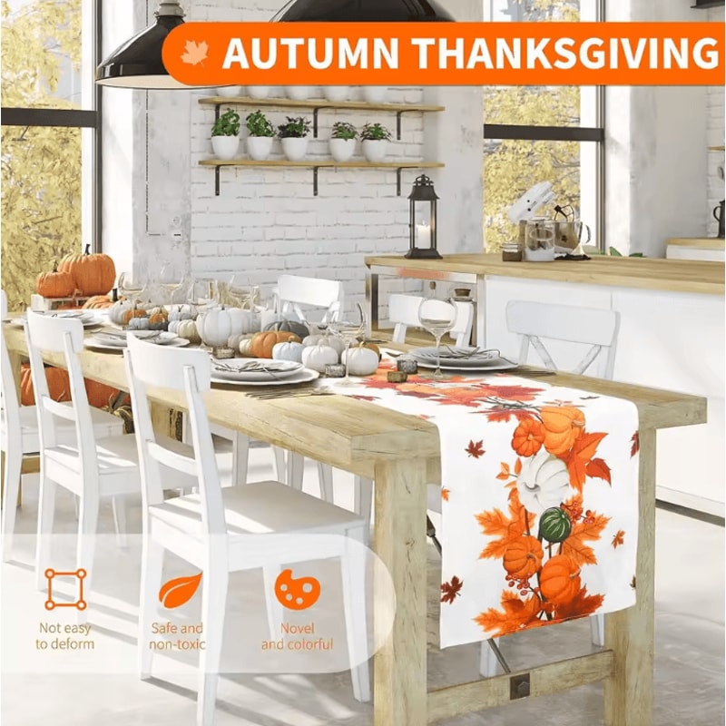 Autumn Harvest Pumpkin Linen Table Runner Festive Thanksgiving Table Runner With Maple Leaves Far 2