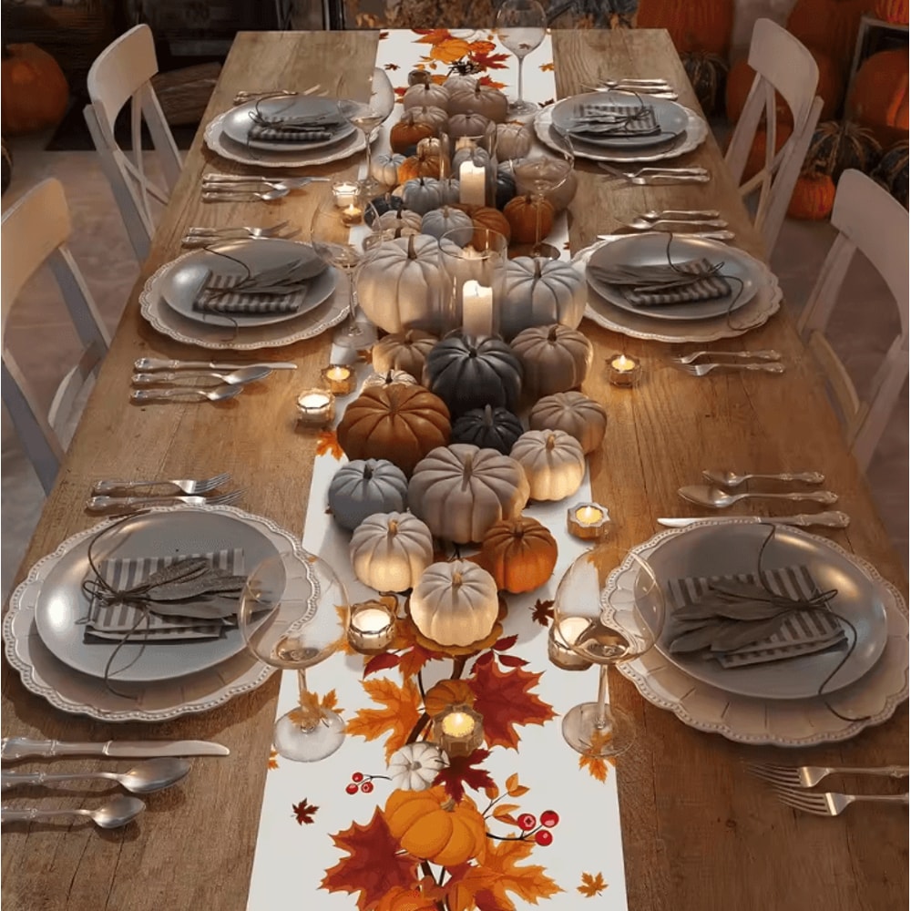 Autumn Harvest Pumpkin Linen Table Runner Festive Thanksgiving Table Runner With Maple Leaves Far 3