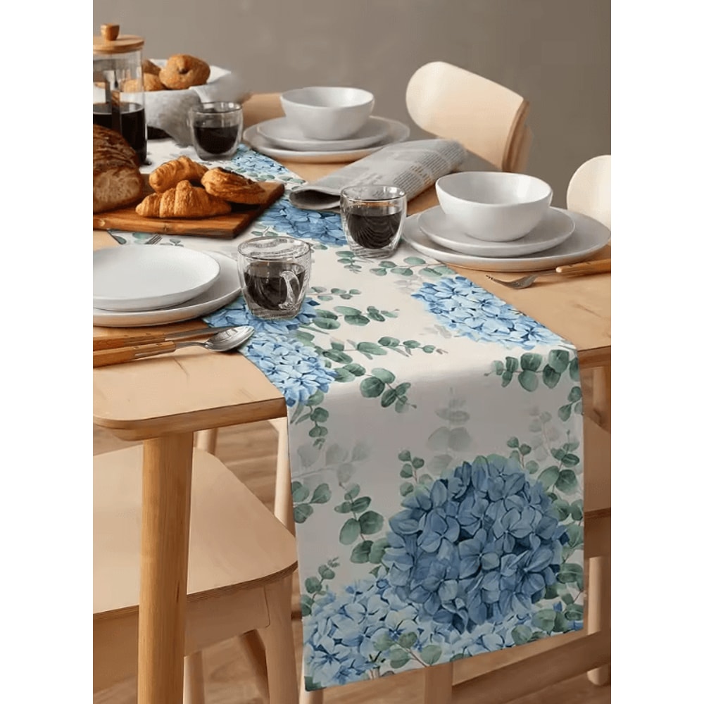 Blue Hydrangea Eucalyptus Linen Table Runner Elegant Hydrangea Table Runner For Farmhouse Wedding 0