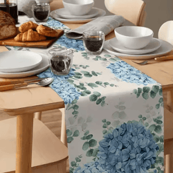 blue hydrangea eucalyptus linen table runner – elegant hydrangea table runner for farmhouse & wedding decor