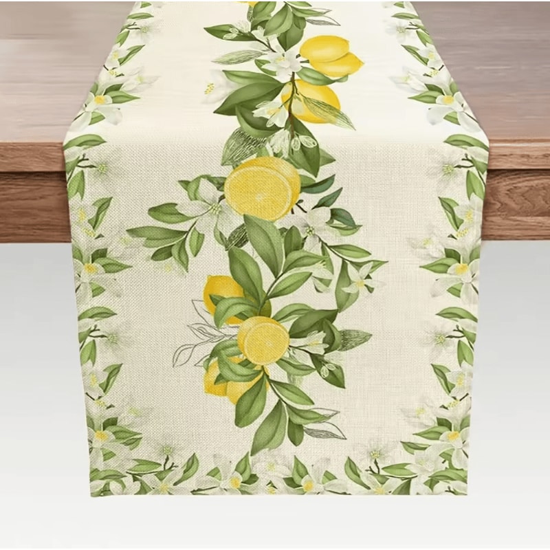 Fresh Lemon Blossom Linen Table Runner Bright Lemon Table Runner With Floral Leaves For Summer Far 0