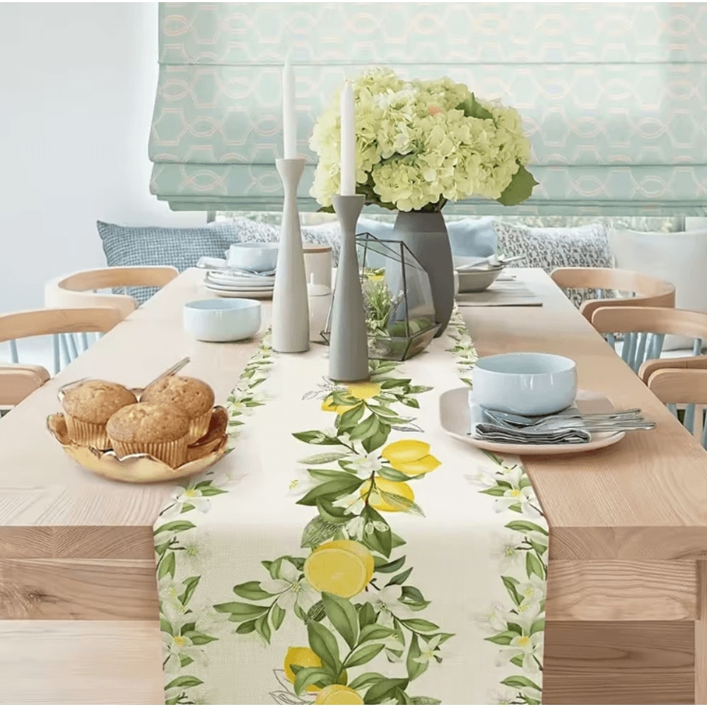 Fresh Lemon Blossom Linen Table Runner Bright Lemon Table Runner With Floral Leaves For Summer Far 2