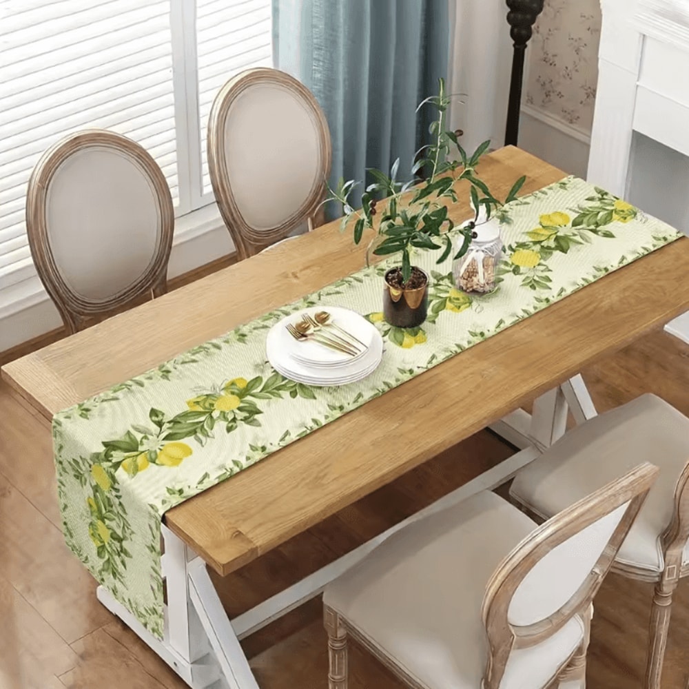 Fresh Lemon Blossom Linen Table Runner Bright Lemon Table Runner With Floral Leaves For Summer Far 3