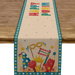 happy purim festive linen table runner – colorful purim table runner with carnival mask design