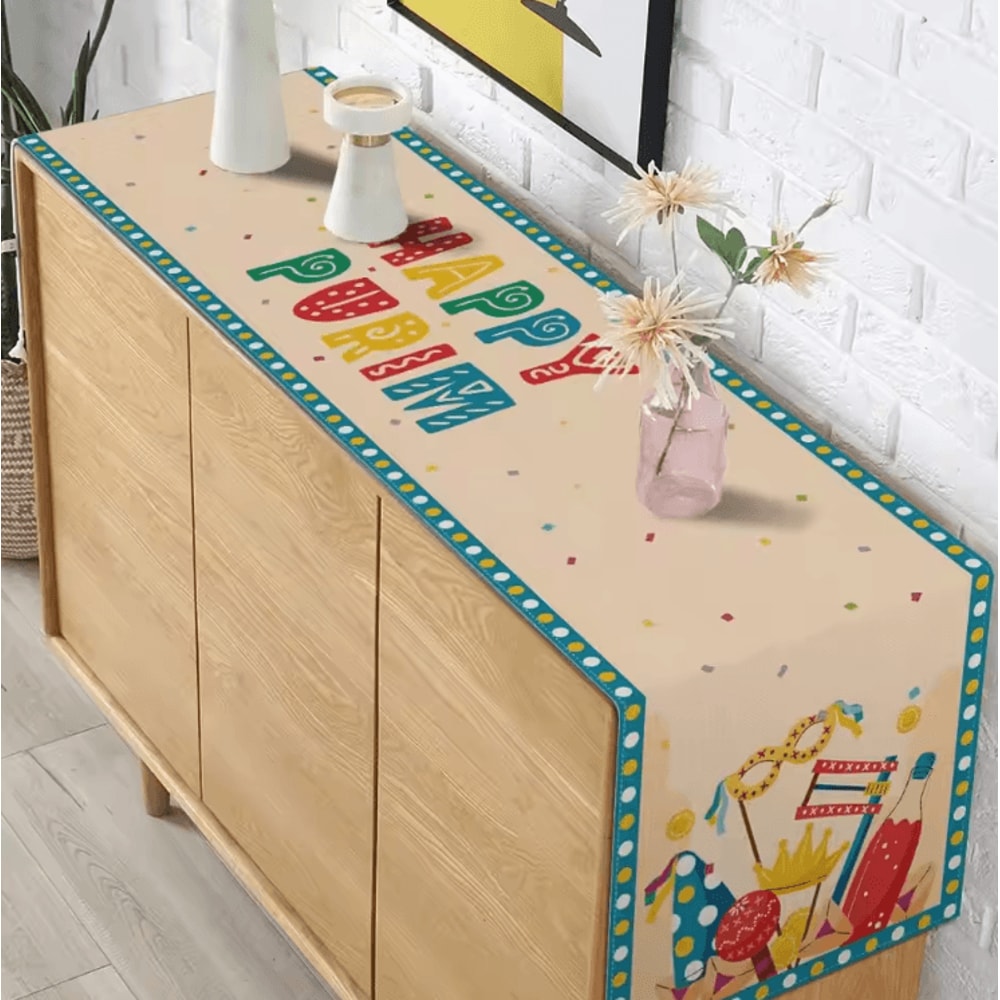 Happy Purim Festive Linen Table Runner Colorful Purim Table Runner With Carnival Mask Design 2