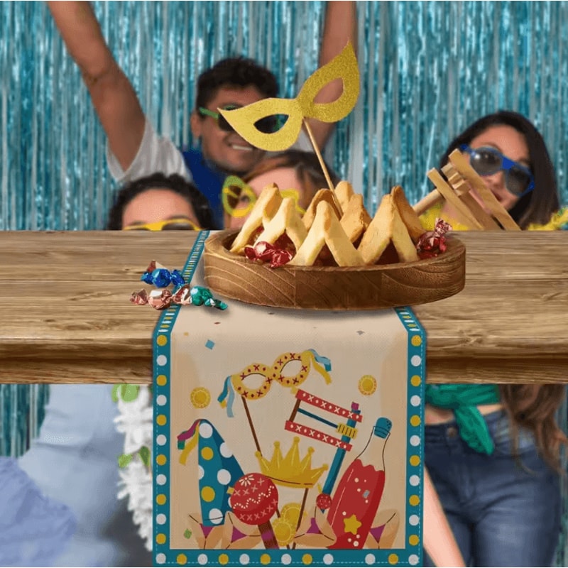 Happy Purim Festive Linen Table Runner Colorful Purim Table Runner With Carnival Mask Design 3