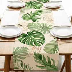 tropical palm leaves linen table runner – vibrant tropical table runner for summer & outdoor dining decor