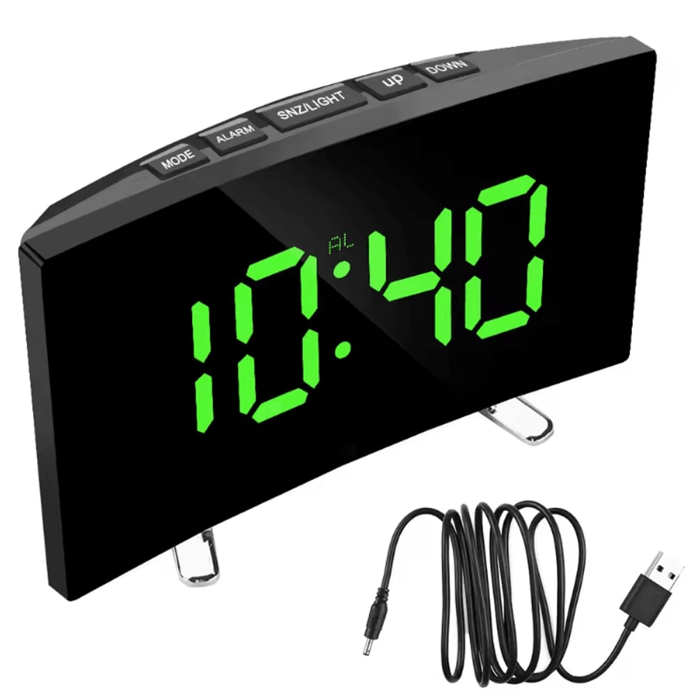 Curved LED Mirror Alarm Clock Modern LED Mirror Clock With Dimmable Display Smart Alarm Function 2