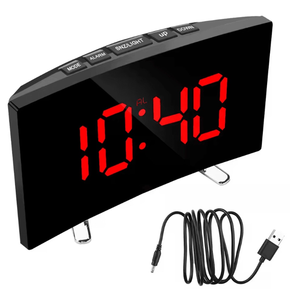 Curved LED Mirror Alarm Clock Modern LED Mirror Clock With Dimmable Display Smart Alarm Function 4