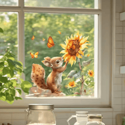 rustic watercolor squirrel sunflower window decal – charming squirrel window decal for cozy nature-inspired decor