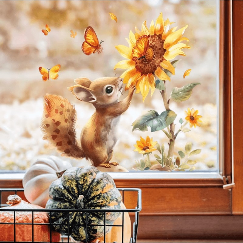Rustic Watercolor Squirrel Sunflower Window Decal Charming Squirrel Window Decal For Cozy NatureIn 1