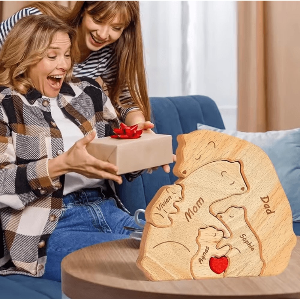 Personalized Bear Family Puzzle Ornament Custom Name Wooden Keepsake Decor 0