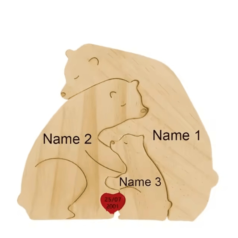 Personalized Bear Family Puzzle Ornament Custom Name Wooden Keepsake Decor 2