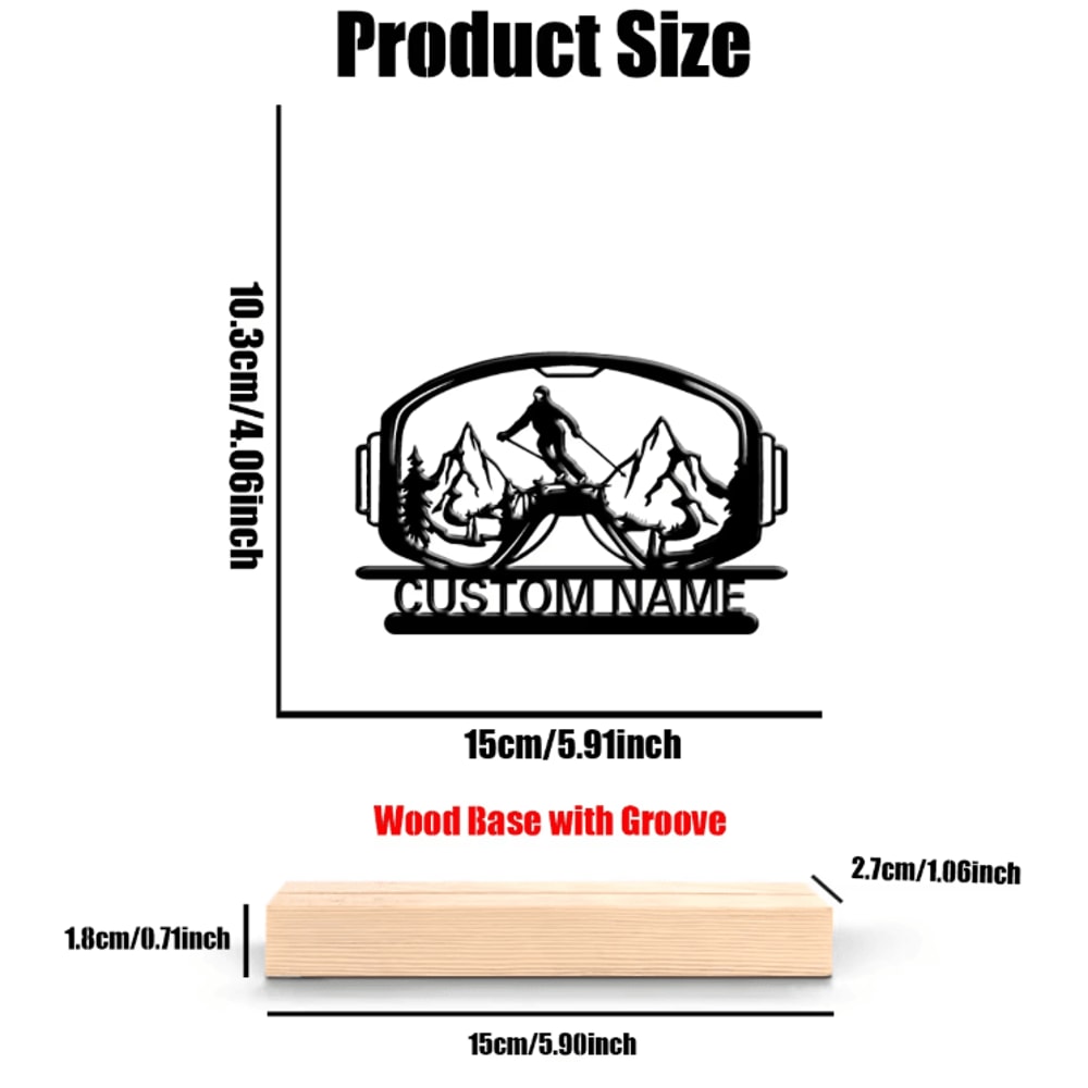 Personalized Skiing Metal Statue Custom Name Ski Goggles Desk Ornament With Wooden Base 2