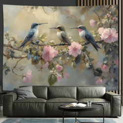 vibrant hummingbird floral wall tapestry – elegant feathered nature art for home decor