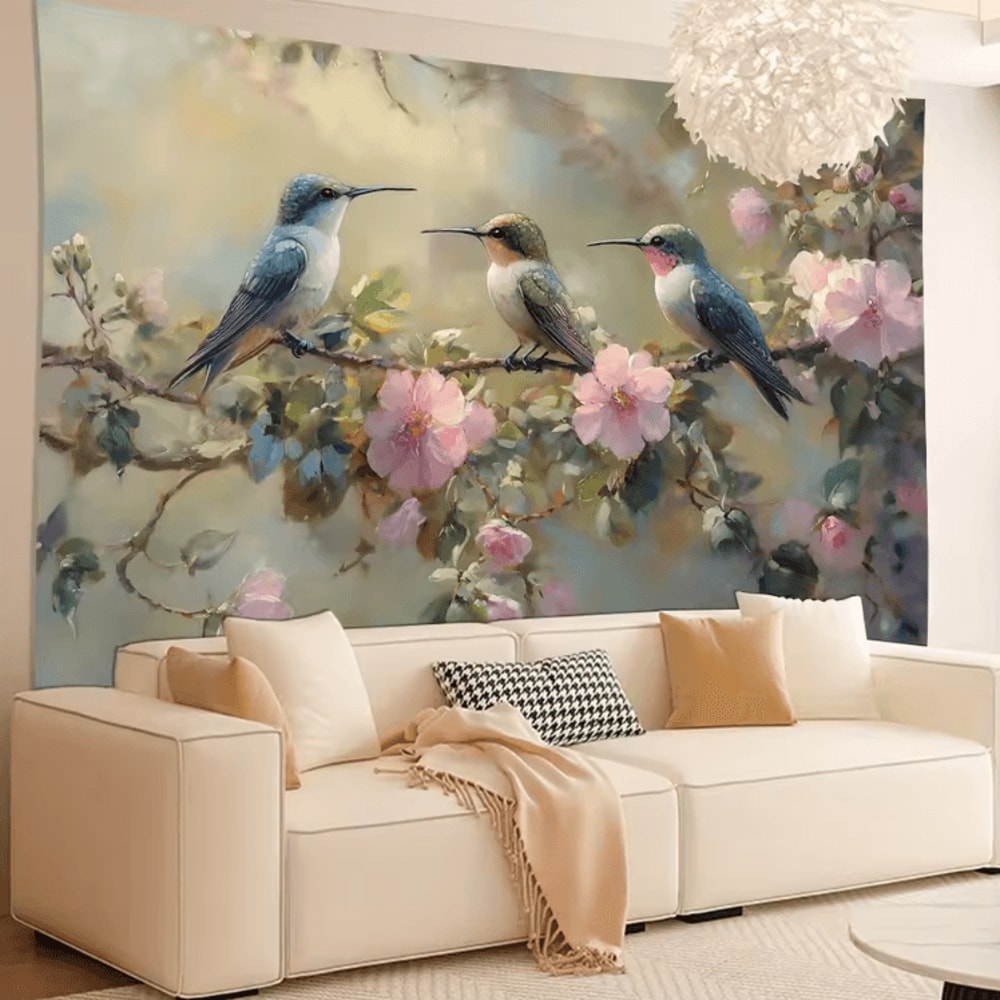 Vibrant Hummingbird Floral Wall Tapestry Elegant Feathered Nature Art For Home Decor 1