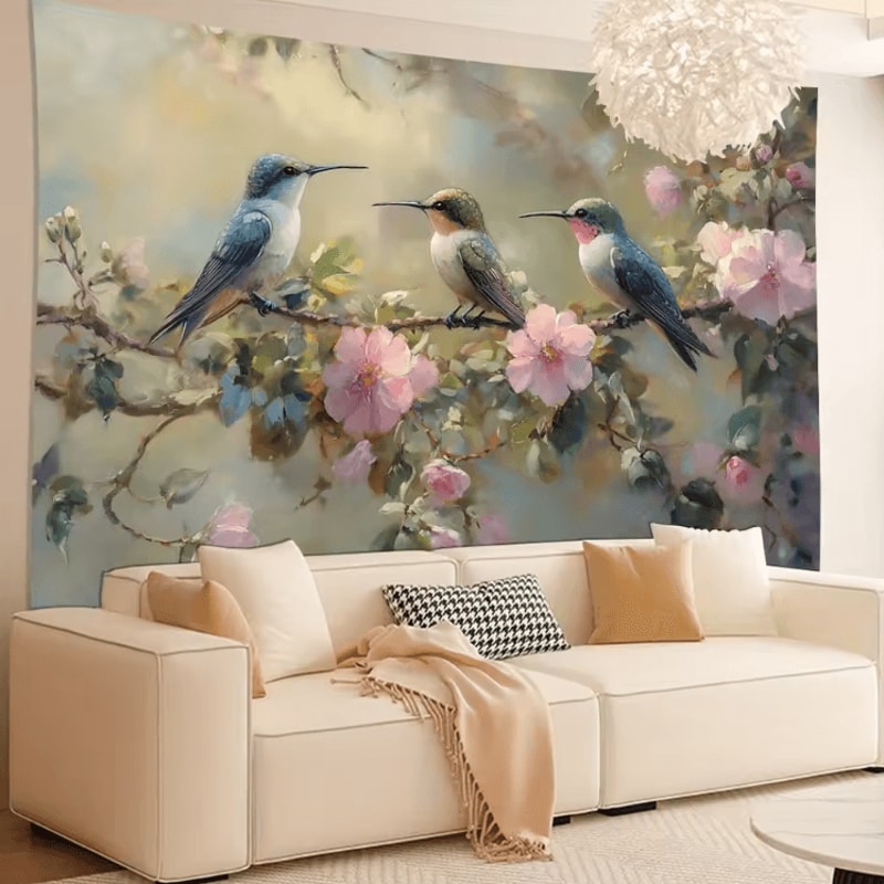 Vibrant Hummingbird Floral Wall Tapestry Elegant Feathered Nature Art For Home Decor 1