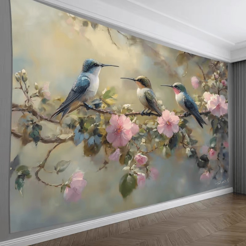 Vibrant Hummingbird Floral Wall Tapestry Elegant Feathered Nature Art For Home Decor 2
