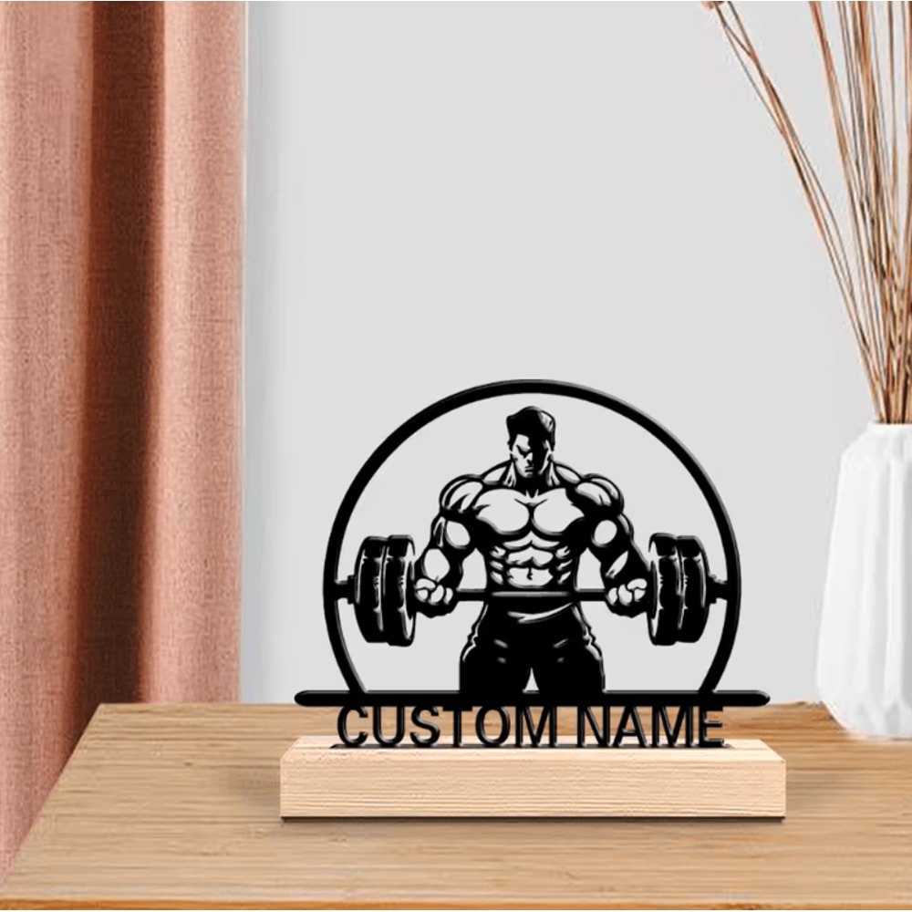 Personalized Weightlifting Metal Art Statue Custom Gym Figurine With Wooden Base 1