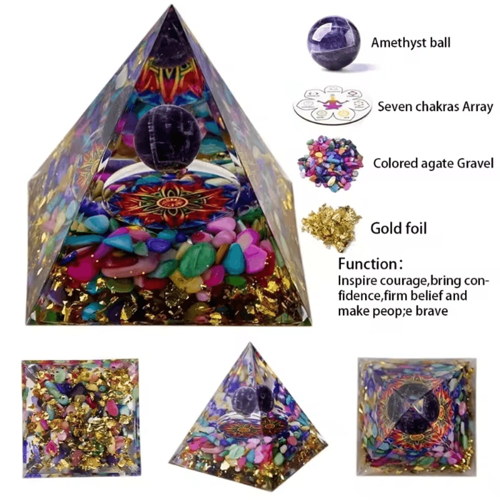Natural Crystal Energy Pyramid Amethyst Peridot Orgone Resin Decor For Healing Meditation 3