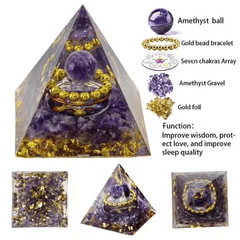 Natural Crystal Energy Pyramid Amethyst Peridot Orgone Resin Decor For Healing Meditation 6