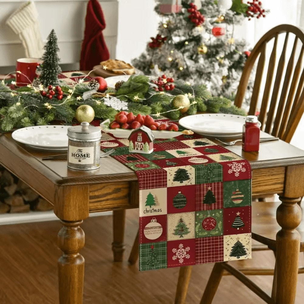 Christmas Plaid Snowflake Linen Table Runner Festive Winter Dining Table Decor 3