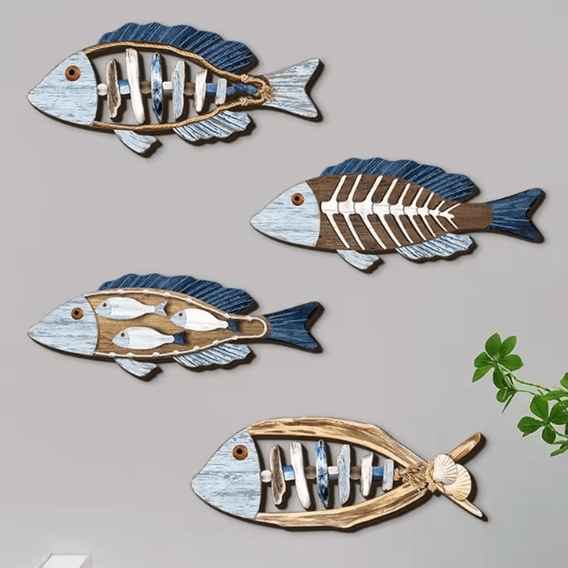 Coastal Wooden Fish Wall Decor Set HandCarved Ocean Marine Wall Hanging Art 0