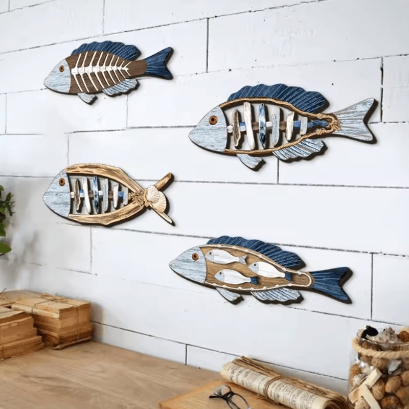 Coastal Wooden Fish Wall Decor Set HandCarved Ocean Marine Wall Hanging Art 2