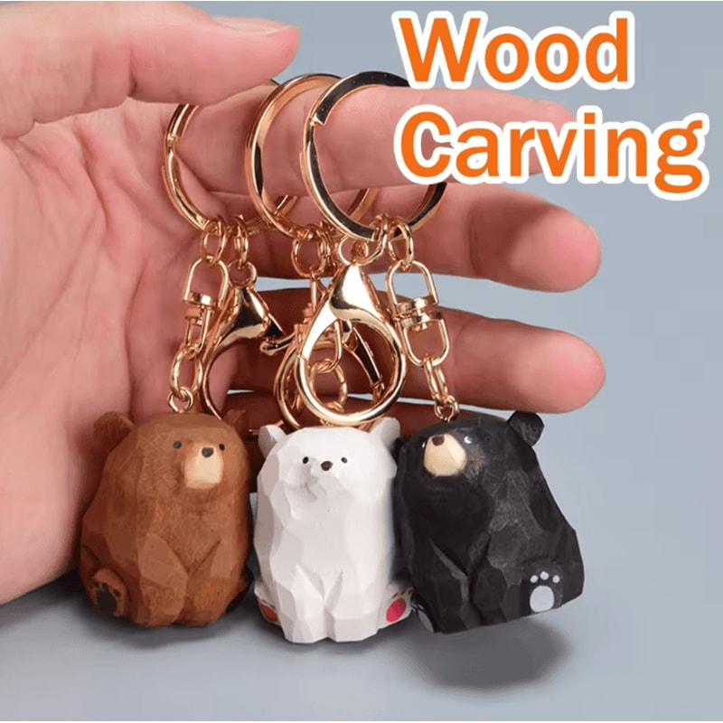 Cute HandCarved Wooden Bear Keychain Cartoon Animal Bag Charm Couple Pendant 0