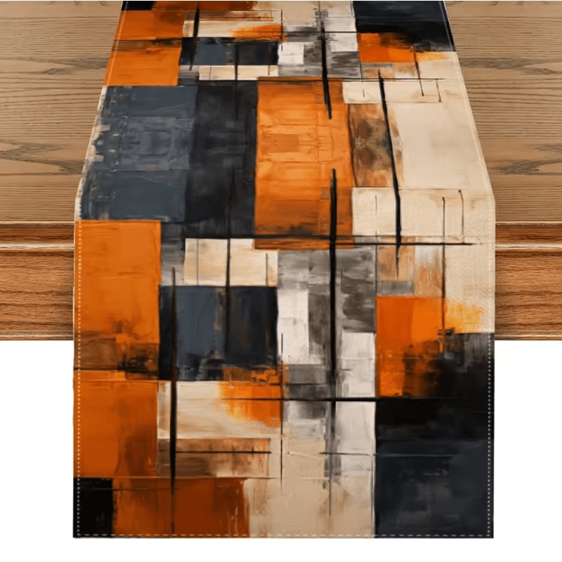 Abstract Watercolor Linen Table Runner Orange Black Modern Table Decor Accent 0