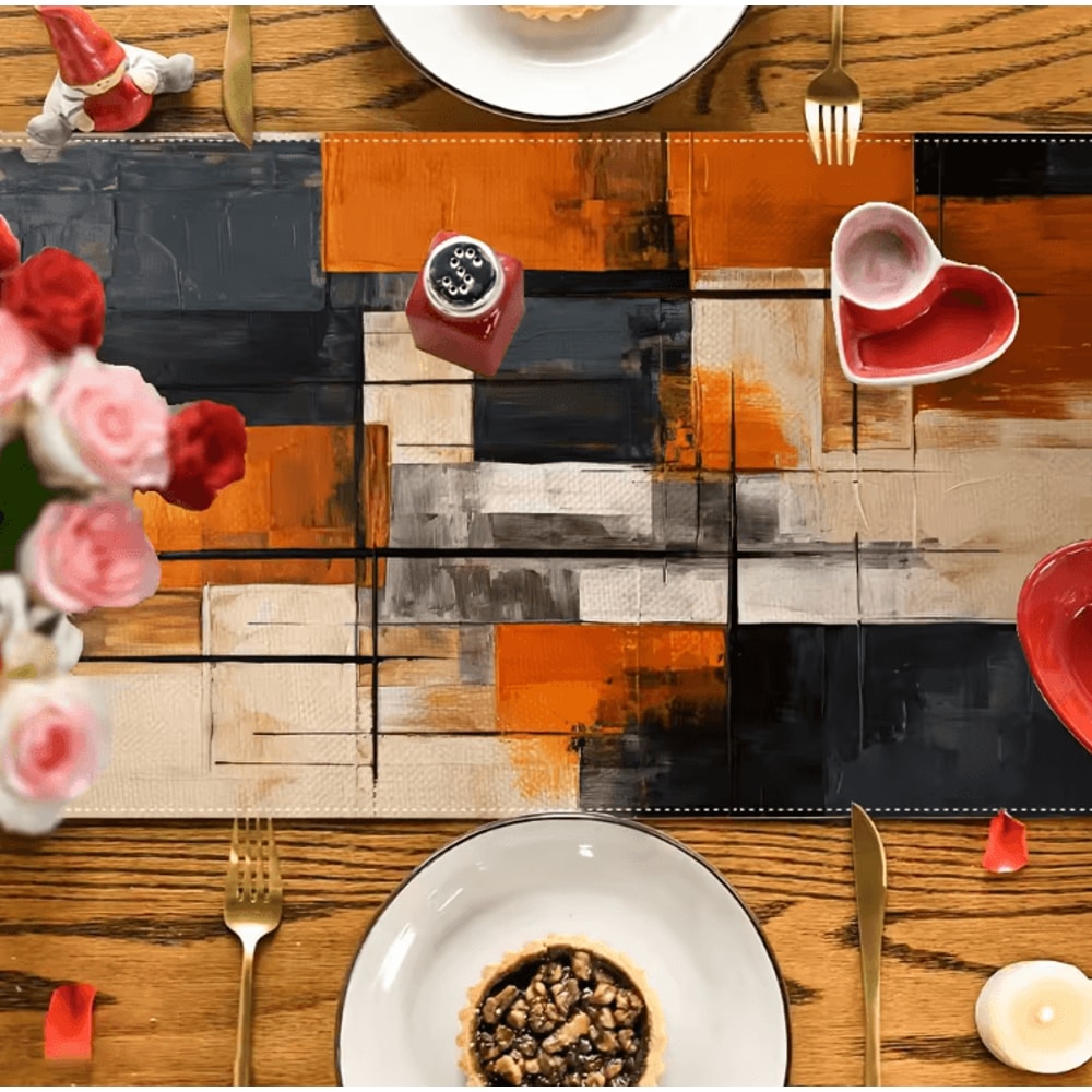 Abstract Watercolor Linen Table Runner Orange Black Modern Table Decor Accent 2