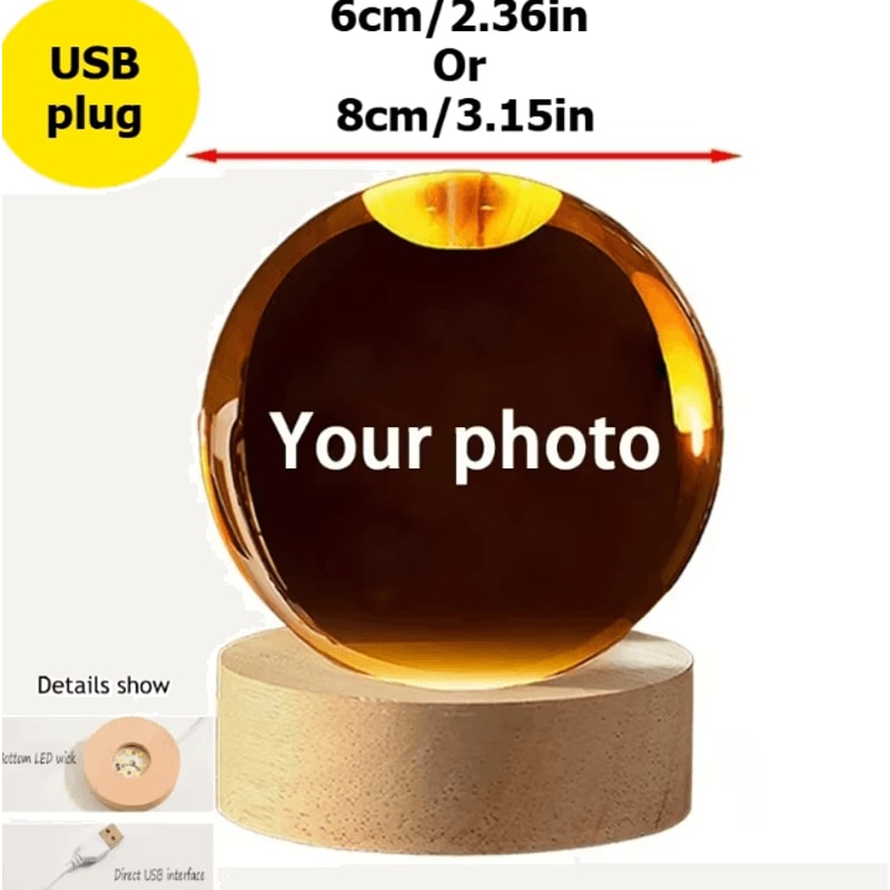 Personalized 3D Crystal Ball Night Light Custom Photo LED Keepsake Gift 1