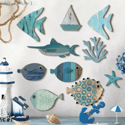 nautical wooden fish wall decor set – coastal beach hanging art for bathroom & home