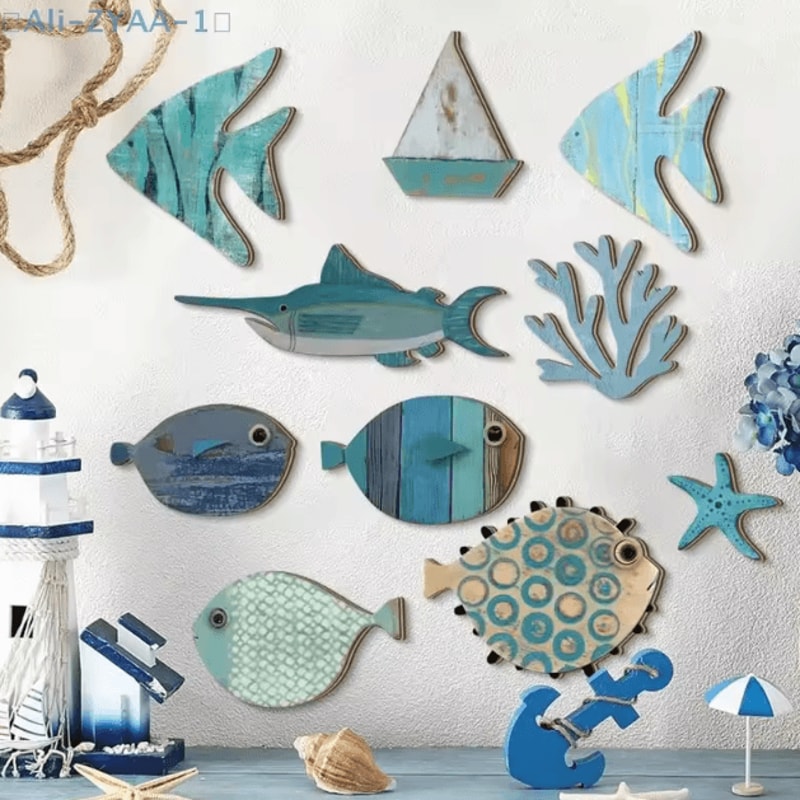 Nautical Wooden Fish Wall Decor Set Coastal Beach Hanging Art For Bathroom Home 0