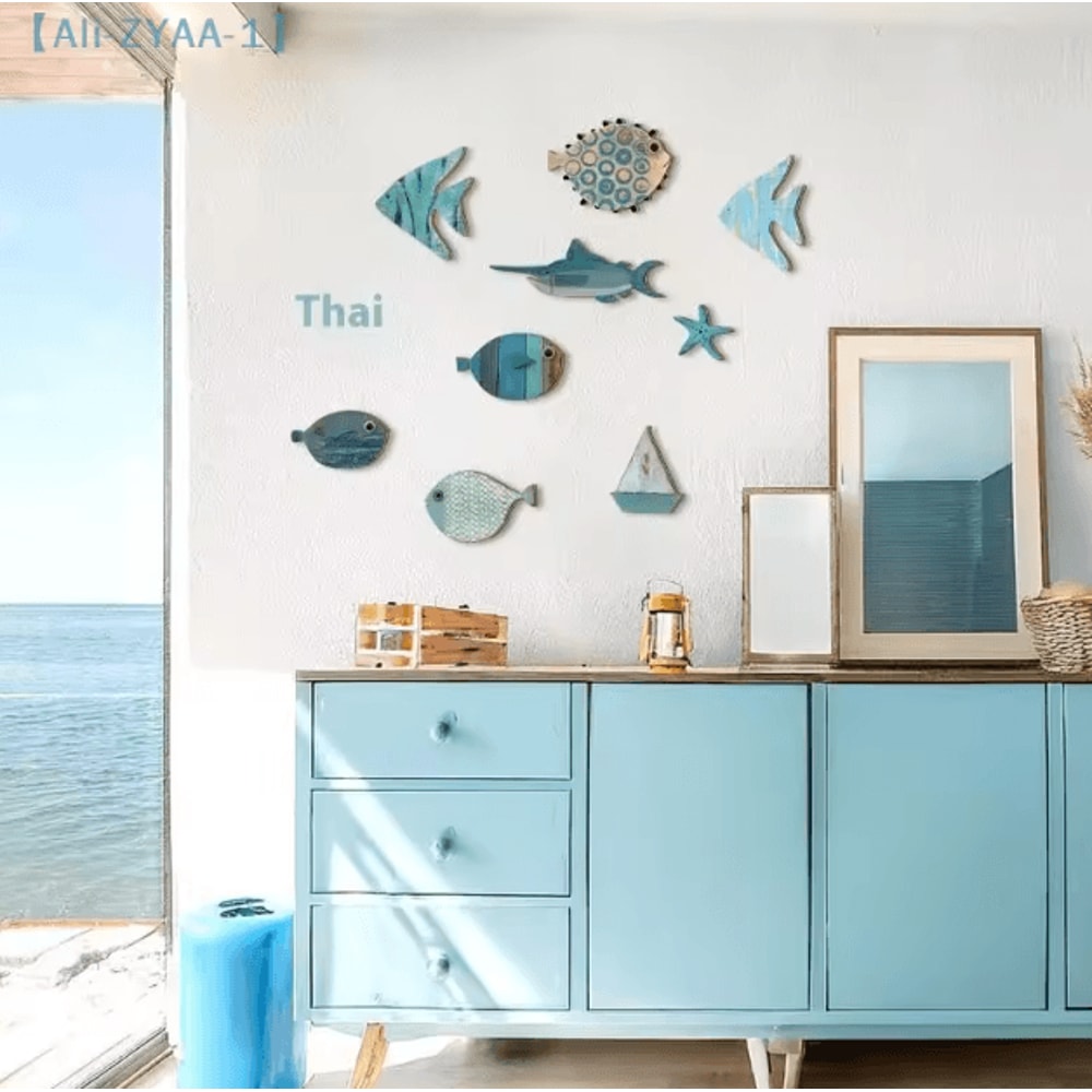 Nautical Wooden Fish Wall Decor Set Coastal Beach Hanging Art For Bathroom Home 1
