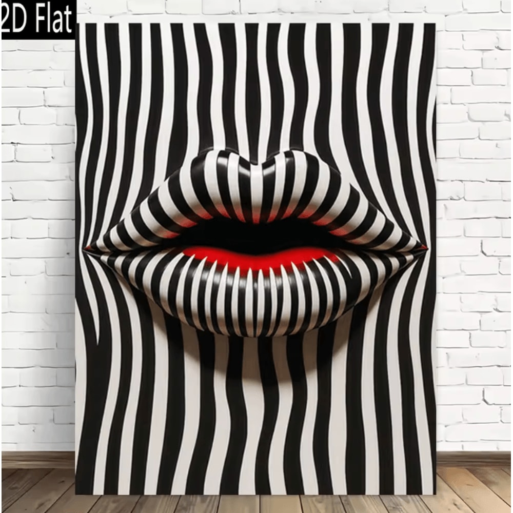 Abstract Striped Lips Canvas Art Black White Modern Pop Art Wall Decor 0