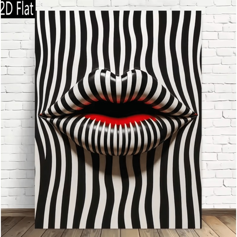 Abstract Striped Lips Canvas Art Black White Modern Pop Art Wall Decor 0