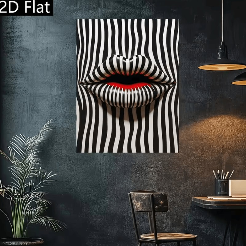 Abstract Striped Lips Canvas Art Black White Modern Pop Art Wall Decor 2