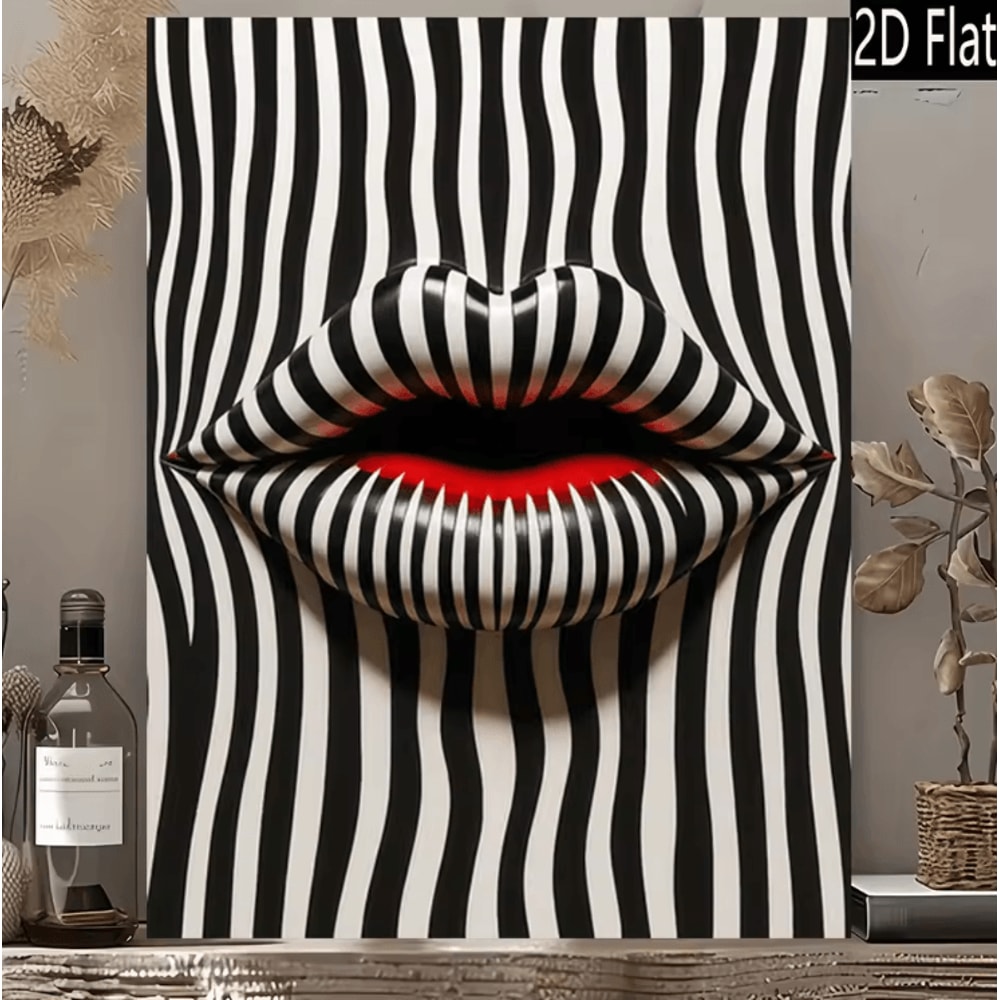 Abstract Striped Lips Canvas Art Black White Modern Pop Art Wall Decor 3