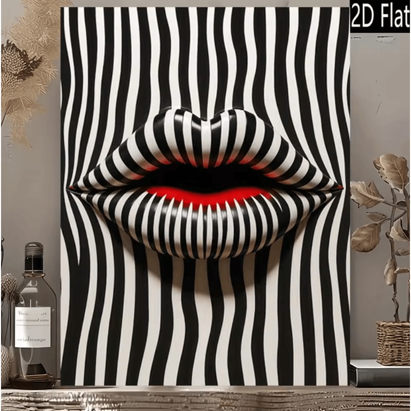 Abstract Striped Lips Canvas Art Black White Modern Pop Art Wall Decor 3